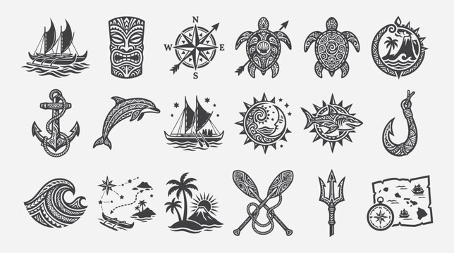 Set of polynesian tribal tattoo icons featuring traditional hawaiian and pacific island symbols editable vector