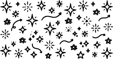 Fototapeta premium Star doodle set featuring hand drawn vector sparkles and decorative arrows isolated on a clean white background for design projects