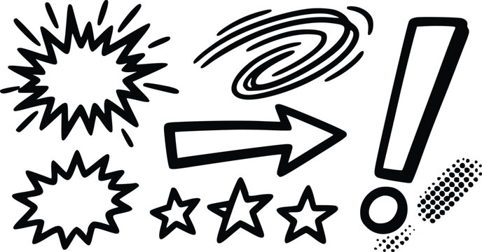 Doodle elements collection featuring hand drawn comic style arrows stars exclamation marks and speech bubbles for creative graphic design projects