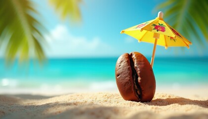Obraz premium Close-up view of coffee bean resting on sandy beach shore. Small yellow cocktail umbrella provides shade. Blue ocean and sky background with palm leaves. Relaxing tropical vacation scene.