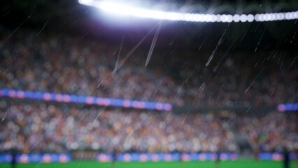 Close up of 3D illustration raindrops flooring soccer stadium with crowd creating passionate atmosphere, computer graphics simulation of rain and tribune with football fans in blurry background. © DC Studio