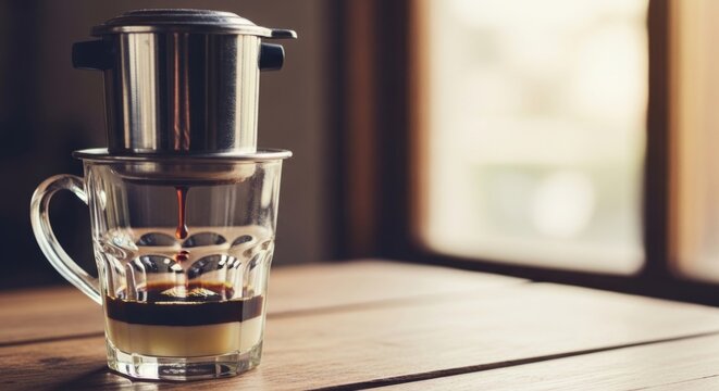 Vietnamese Phin coffee maker drips espresso into glass with condensed milk on rustic wood, warm natural light