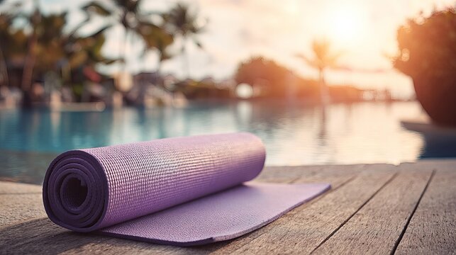 Purple yoga mat placed on a wooden deck near a swimming pool during a beautiful golden hour sunset landscape scene