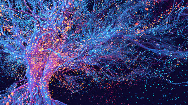 Artistic Brain Neuron Cell in Colorful Blue and Red, Artificial Intelligence and Neuroscience Concept