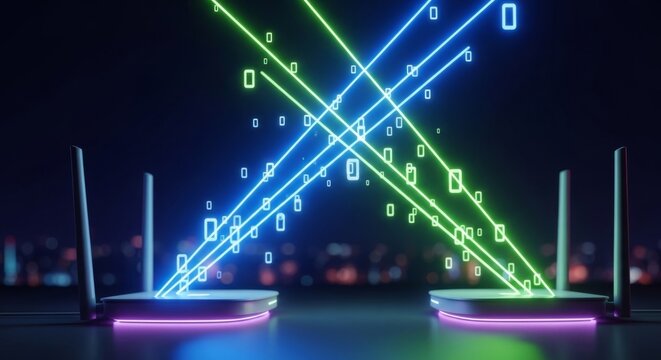 Futuristic routers transmit glowing neon data streams of binary code across a dark cityscape background, symbolizing high-speed digital communication and innovation