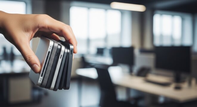 Hand holding stack of external SSDs, representing digital data storage needs in a modern office