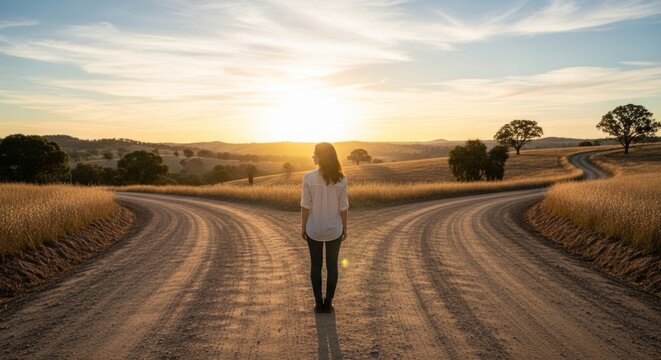 Woman pauses at dusty road fork during golden hour sunset, contemplating life's divergent paths