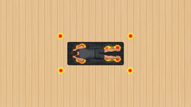Man lying on massage mat with heat therapy zones and heat points around him