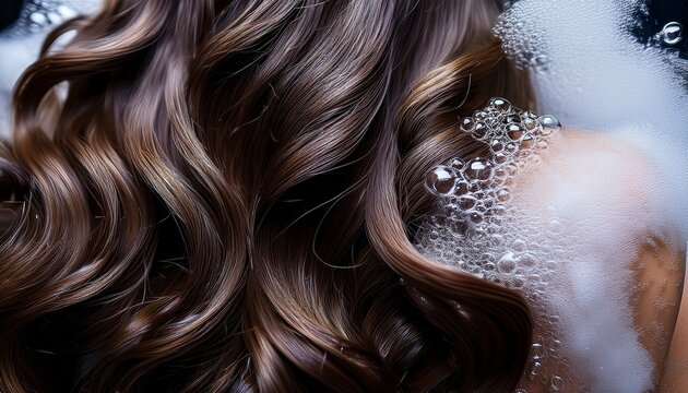 rich wavy hair glistens with soap suds soft foam clings to dark curled strands water swirls gently around every strand hair appears deep nourished and full ideal for beauty haircare