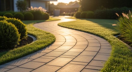 Obraz premium Elegant modern garden pathway of textured grey tiles winding gracefully across a lush green lawn in warm golden hour backlight.