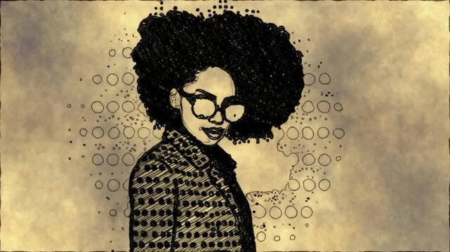 Retro Sketch Portrait Of Woman With Afro Hair And Glasses Against Vintage Graphic Background