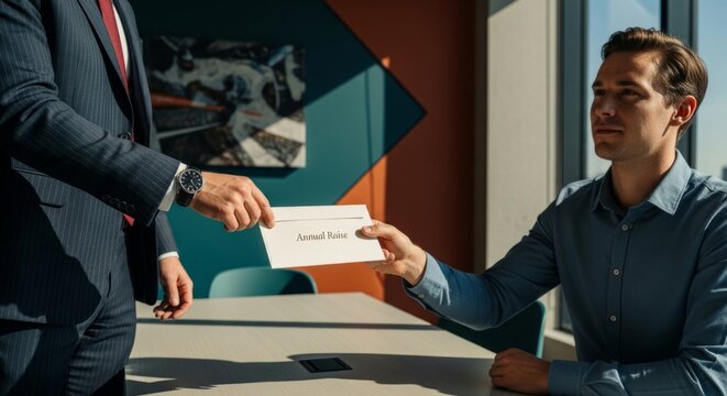 Manager hands annual raise envelope to employee in modern office, celebrating career growth and success