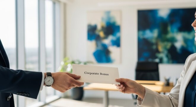 Manager hands employee an envelope labeled "Corporate Bonus" in a modern office, symbolizing reward and success.