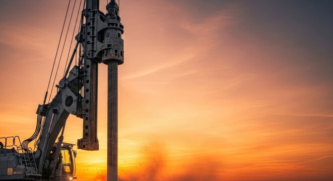 Heavy pile driver machine operating at dramatic sunset, creating dust and debris with precision on construction site