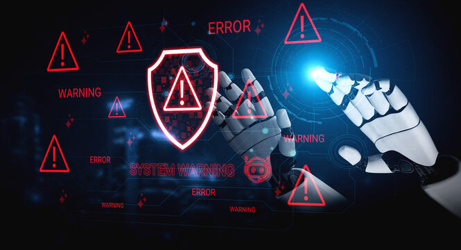 A robotic hand interacts with digital warning symbols, illustrating the intersection of technology and cybersecurity in a modern, abstract environment focused on error management. Cyphers