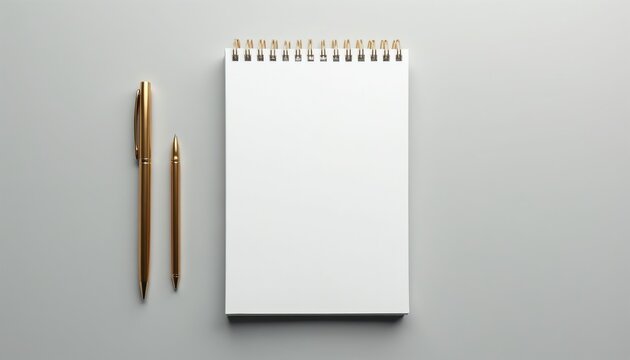 White spiral notebook with gold pen sits on grey table. Blank pages ready for ideas, notes, or plans. Minimalist office or study setup for writing.