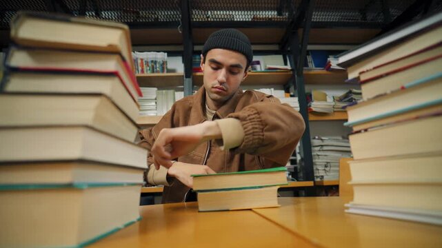 A student leans on a desk in a library with textbooks stacked on either side. The scene shows a focused study session that is now paused.