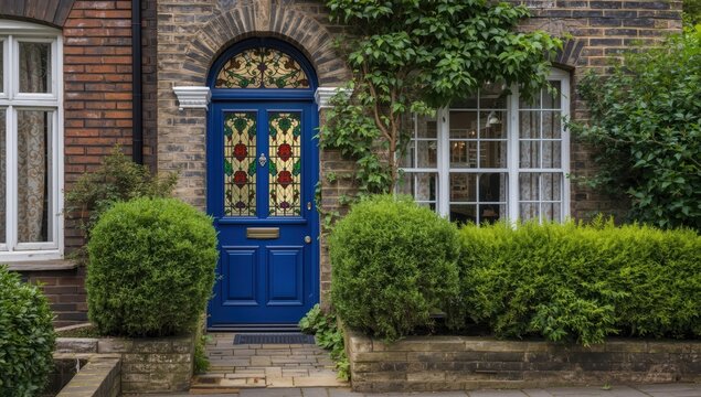 A blue Victorian door with stained glass is framed by green shrubs in a London area