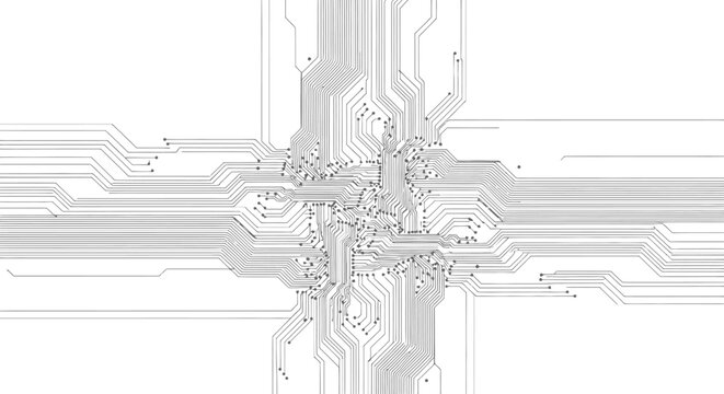 Abstract visualization of an electronic circuit board pattern, representing digital communication, data processing, and technological advancements