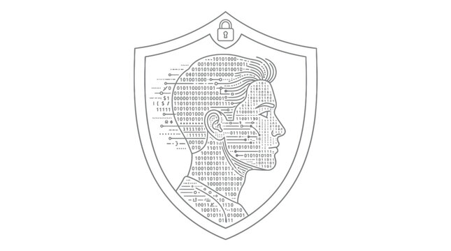 Human head profile formed by binary code inside a protective shield symbol for digital security