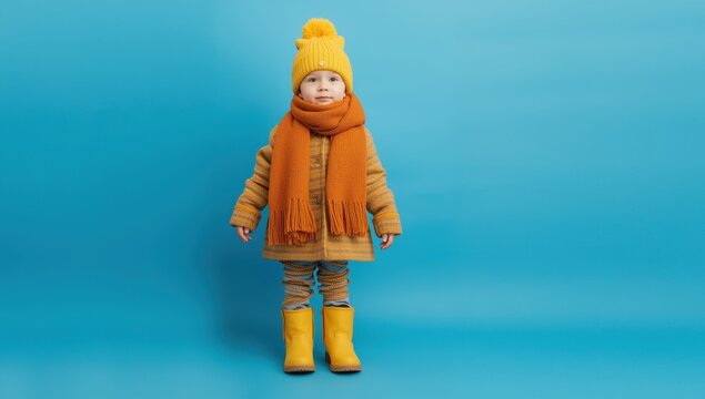 Blue backdrop featuring a yellow hat, boots, and scarf. Trendy kids' winter apparel