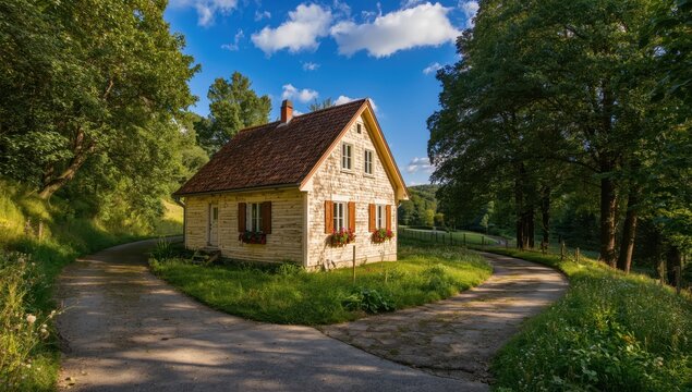 Classic cottage on the street under a clear sky