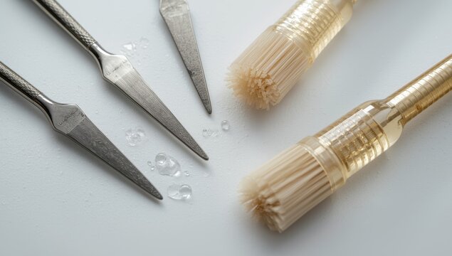 Collection of pointed tools and fiberglass brushes for cleaning coins and artifacts