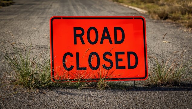 Detail of an orange sign indicating street closure