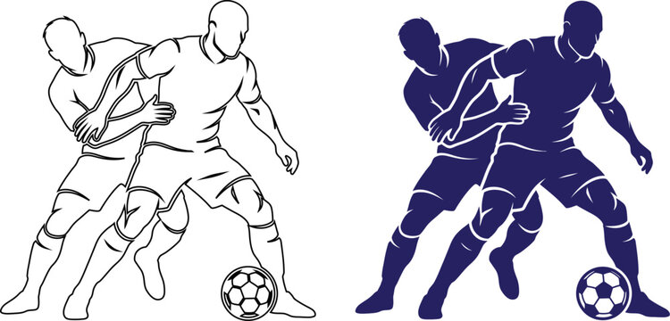 Soccer players battling for ball possession with defender challenge in football championship vector bundle