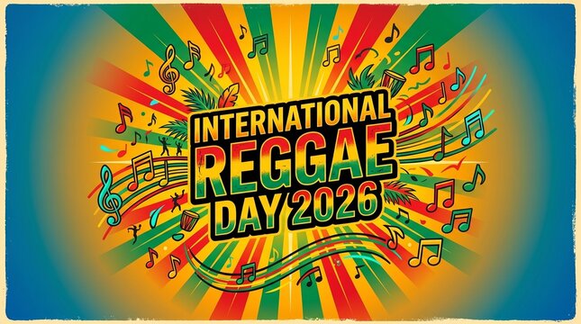 International reggae day poster design featuring vibrant colors and musical notes