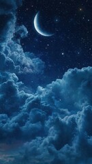 Fototapeta premium Crescent Moon Over Starry Night Sky With Clouds