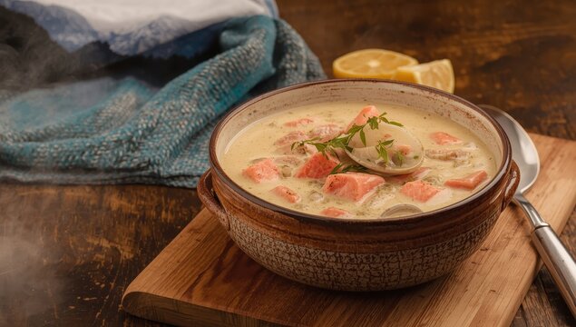 Homemade chowder with salmon and clams from Alaska