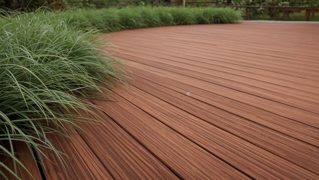 Ipe hardwood deck in brown with green Carex 'Ice Dance' ornamental grass