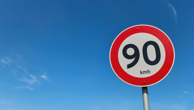Isolated speed limit sign against a blue sky. 90 km/h maximum speed for safety