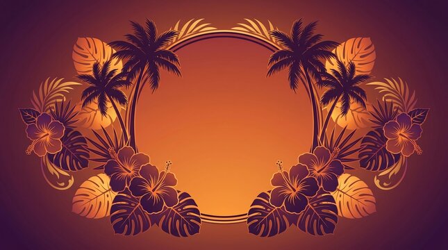 Tropical sunset frame with hibiscus flowers and palm trees