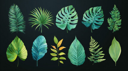 Fototapeta premium Set of Tropical Palm Leaves Collection Exotic Green Foliage Isolated on White Background