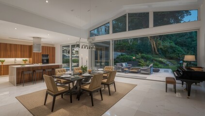 Fototapeta premium Kitchen-dining area with piano and glass wall to yard
