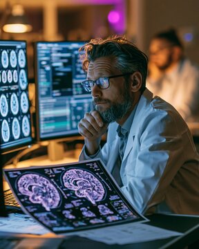 A focused researcher studies brain charts and data printouts at a desk with glowing monitors, soft lab lighting and shallow depth of field; thoughtful close composition, calm serious mood.