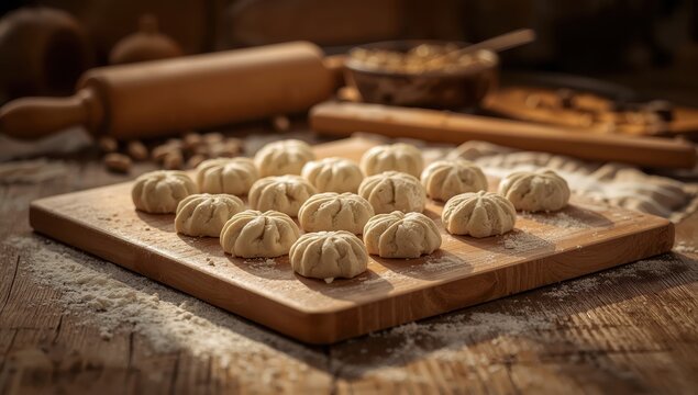 Spherical pieces of dough rest on the counter