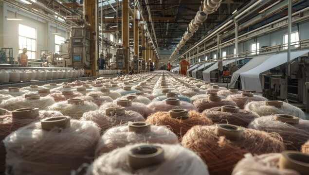 Spools of cotton threads at the yarn factory