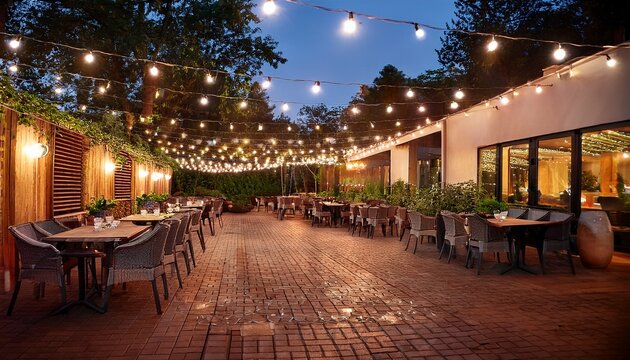 outdoor restaurant patio at evening with string lights