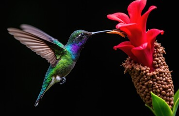 Fototapeta premium Violet-capped Woodnymph hummingbird hovers near red flower. Bird drinks nectar from bloom in Brazilian Atlantic Rainforest. Tiny creature, iridescent green blue feathers.