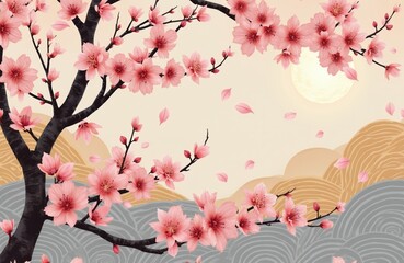 Fototapeta premium Pastel cherry blossom branches frame mountain landscape. Pink flowers bloom against soft sky backdrop. Japanese art style features rolling hills stylized clouds. Seamless pattern ideal for textiles