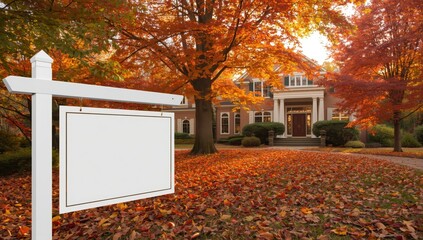 Naklejka premium Empty real estate sign in autumn, upscale home behind with colorful foliage. Perfect for property advertisements and seasonal marketing in lively neighborhoods
