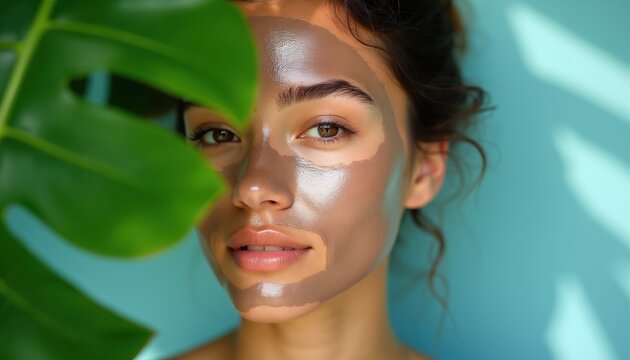 Young woman with clay mask on face, green leaves. Natural beauty routine, spa treatment, glowing skin care. Healthy lifestyle, wellness, self care, dermatology. Hydration, rejuvenation, clean face.