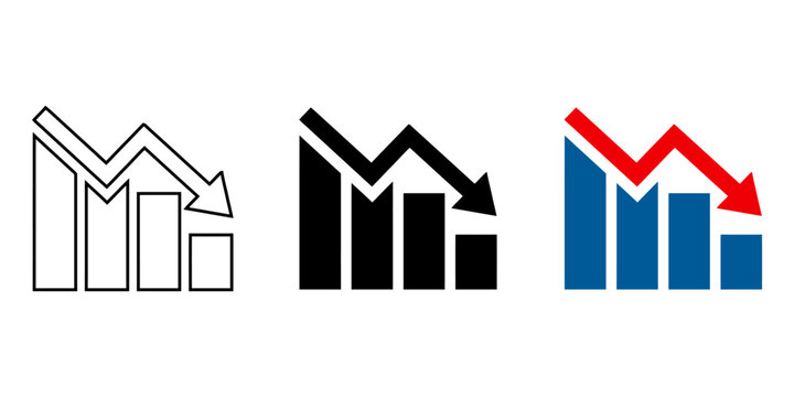 Set of three bar chart icons with downward trend arrow, representing financial loss, business decline, or economic recession, vector illustration
