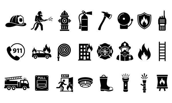 Firefighter and firefighting equipment icons set, vector illustration of fire department tools, emergency services, fire safety gear, and protection equipment