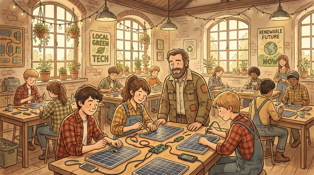 Illustration of students and teacher in a cozy workshop learning to build solar panels for green tech education