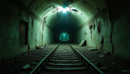 Fototapeta premium Abandoned underground tunnel with damaged walls and train tracks. Gloomy, dark atmosphere, eerie light at the end. Old railway passage, abandoned infrastructure, mysterious pathway.