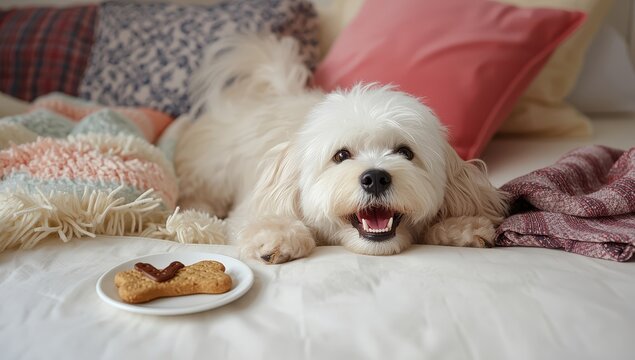 joyful white dog lying on bed with treat